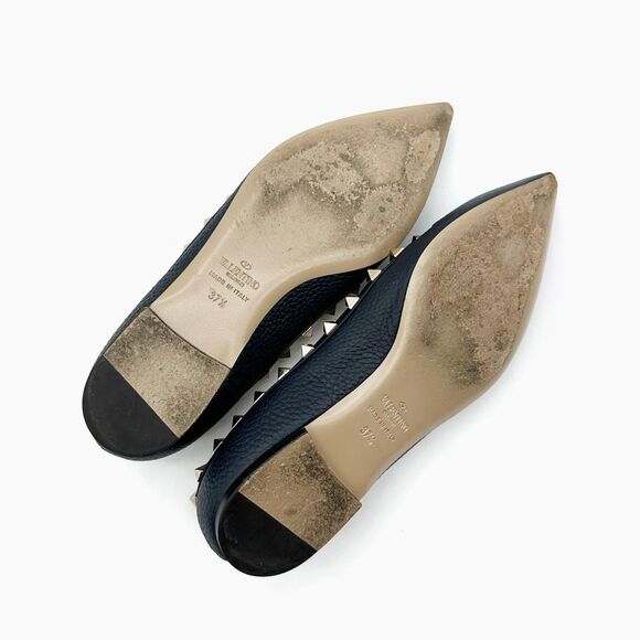 VALENTINO Rockstud Navy Blue Flat Size 37.5 Pointed Toe Leather Gold Stud - Picture 10 of 12